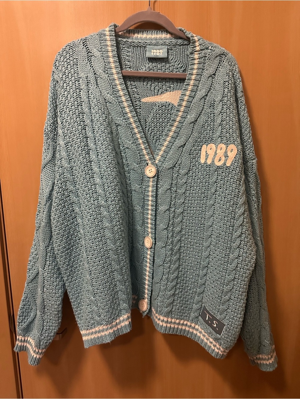 Taylor Swift Dusty Blue Cable Knit Cardigan with Cream Bird Accents